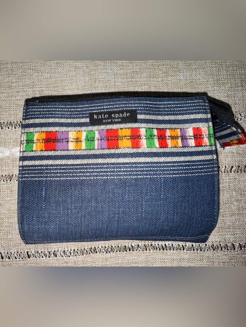 kate spade Navy Striped Canvas Pouch with Multicolor Embroidered Band